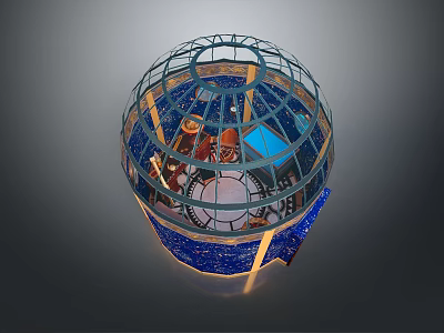 Unique Spherical Building Design With Grid Framework Wooden Interior And Blue Details 3d model