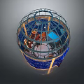 Unique Spherical Building Design With Grid Framework Wooden Interior And Blue Details