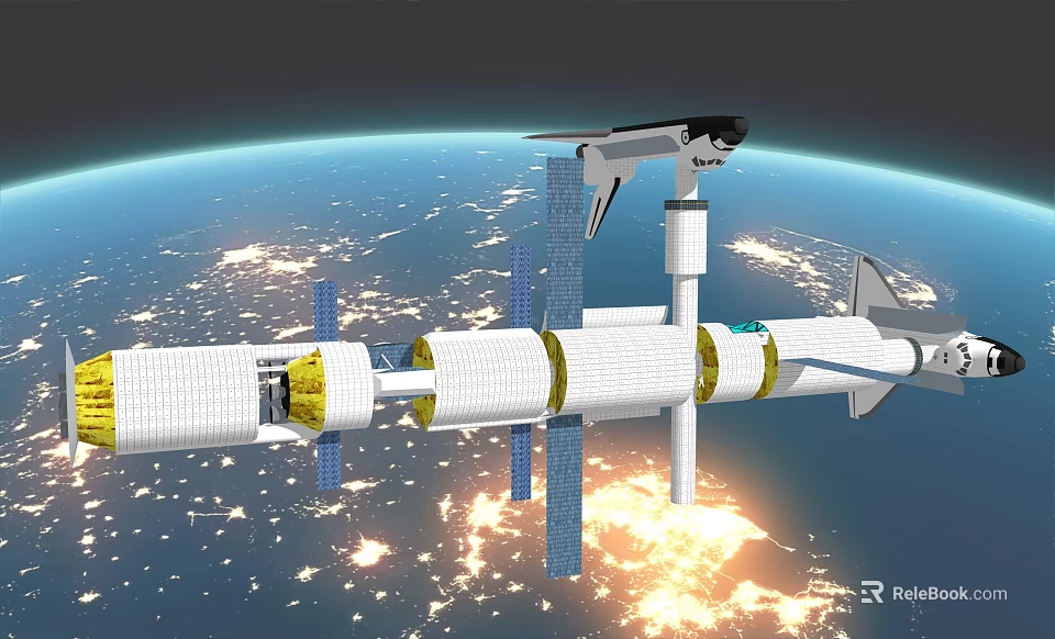 Space Station Structure With Solar Panels And Space Shuttle Orbiting Earth 3d model 