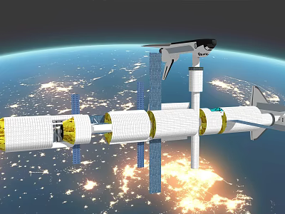 Space Station Structure With Solar Panels And Space Shuttle Orbiting Earth 3d model