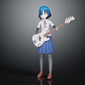 Anime Style Girl With Blue Hair Holding White Electric Bass Guitar In School Uniform Outfit