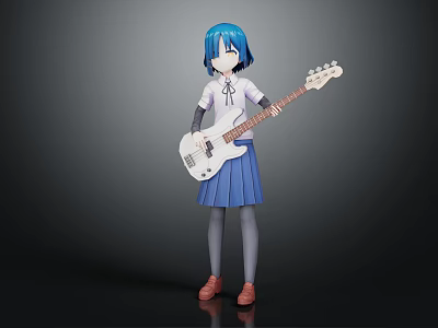Anime Style Girl With Blue Hair Holding White Electric Bass Guitar In School Uniform Outfit 3d model