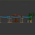 Casino Entertainment Table with Green Surface Blue Stools Red Carpet Gold Patterns and Green Plants