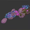 Glowing Blue Plants And Pink Flowers Growing On Stone With Moss