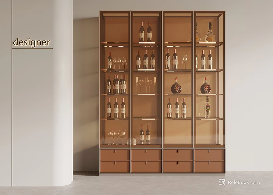 Modern Stylish Wine Cabinet Glass Door Design With Wine Bottles Glasses And Drawers 3d model 