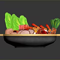 Colorful Hot Pot With Assorted Fresh Ingredients Including Meat Slices Vegetables And Tofu