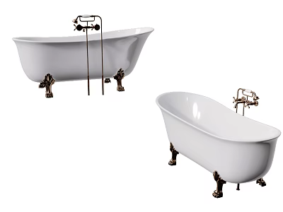 Stylish White Freestanding Bathtub With Brass Feet And Elegant Faucet Design 3d model