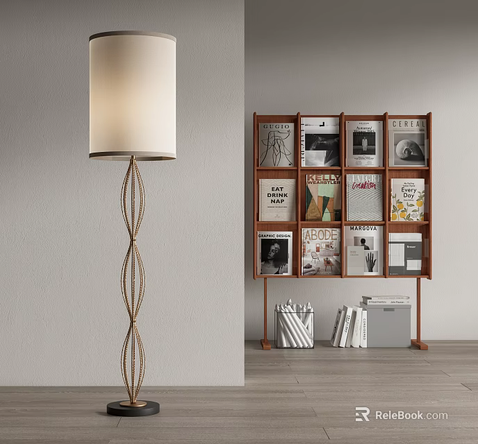 Modern Floor Lamp with Twisted Stand White Lampshade and Wooden Magazine Rack in Living Room 3d model 