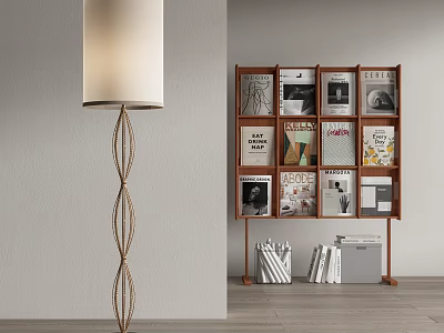 Modern Floor Lamp with Twisted Stand White Lampshade and Wooden Magazine Rack in Living Room 3d model