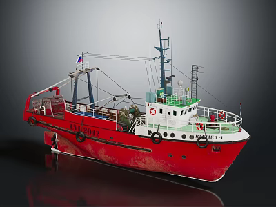Red and White Water Vessel LIV 182 With Deck Equipment Antenna and Lifebuoy 3d model