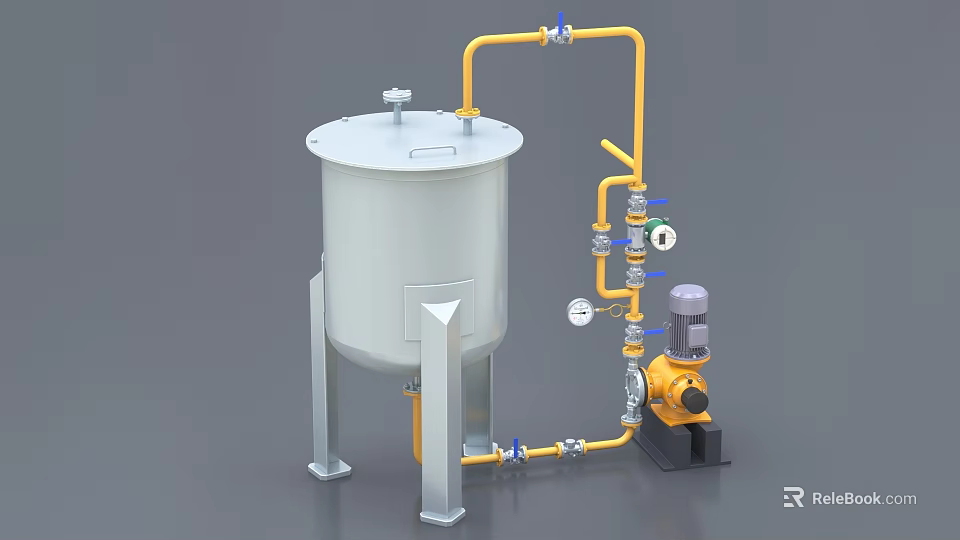 Industrial Equipment Setup Featuring White Cylindrical Tank Yellow Pipes Pressure Gauges And Pump 3d model 