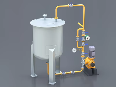 Industrial Equipment Setup Featuring White Cylindrical Tank Yellow Pipes Pressure Gauges And Pump 3d model