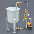 Industrial Equipment Setup Featuring White Cylindrical Tank Yellow Pipes Pressure Gauges And Pump