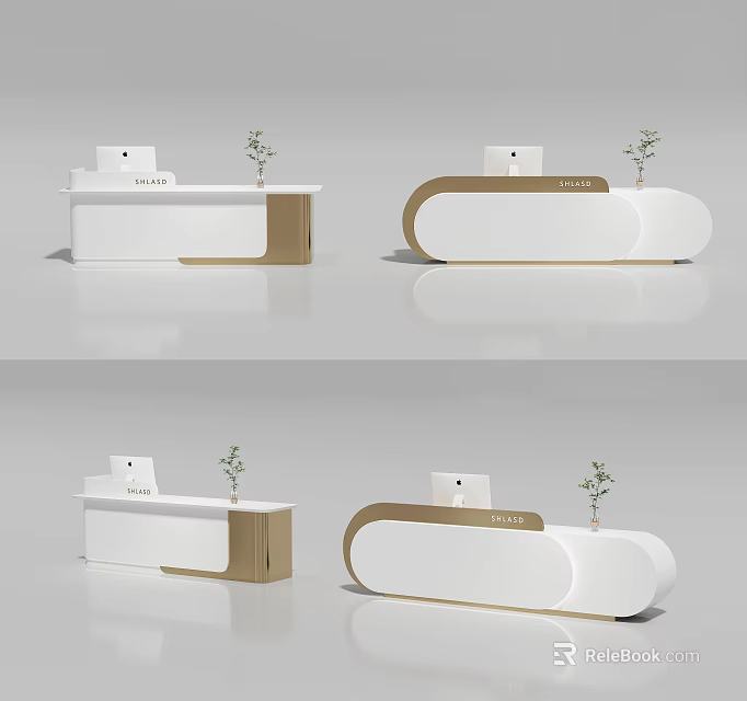 Modern Reception Desk Design With Curved White Surface Wooden Trim And Small Plant 3d model 