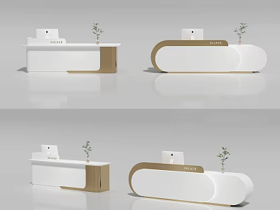 Modern Reception Desk Design With Curved White Surface Wooden Trim And Small Plant 3d model