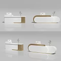 Modern Reception Desk Design With Curved White Surface Wooden Trim And Small Plant