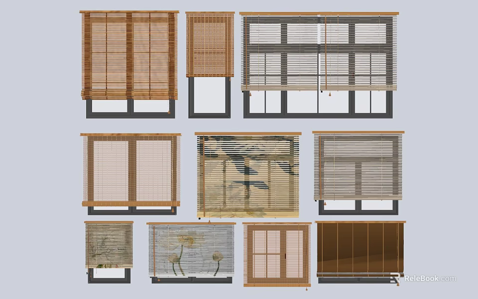 Stylish Window Blinds With Bamboo Wooden And Various Design For Home Interior 3d model 