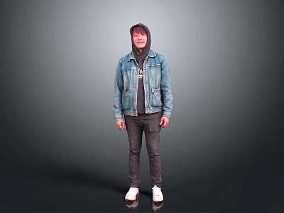 Man Wearing Hoodie And Denim Jacket With Dark Pants And White Shoes Against Gray Background 3d model