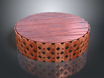 Circular Wooden Decorative Stand With Carved Diamond Pattern Sides And Wooden Grain Top 3d model
