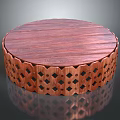 Circular Wooden Decorative Stand With Carved Diamond Pattern Sides And Wooden Grain Top