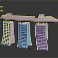 Modern Architectural Design Of Three Towers With Blue Glass Facades And Ship Shaped Skybridge