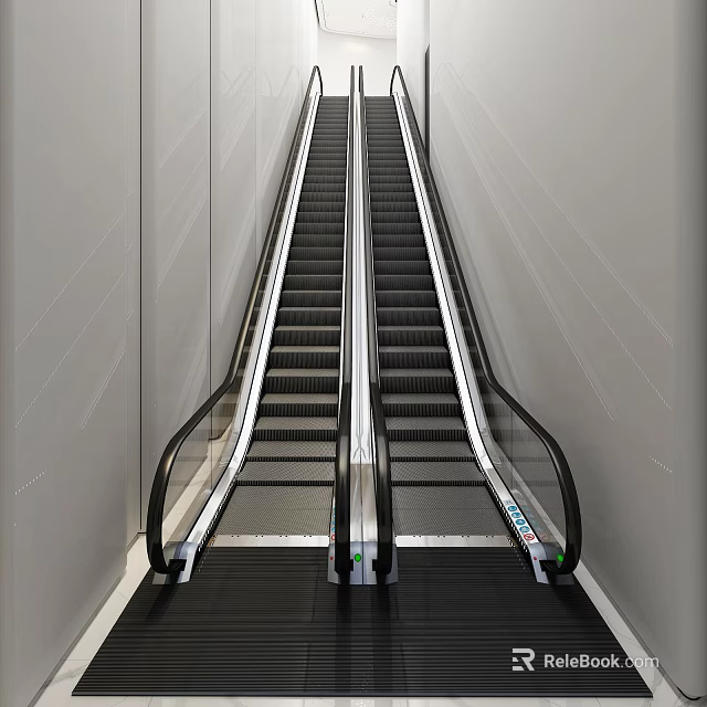 Modern Escalator with Black Treads Transparent Handrails and White Walls on Both Sides 3d model 