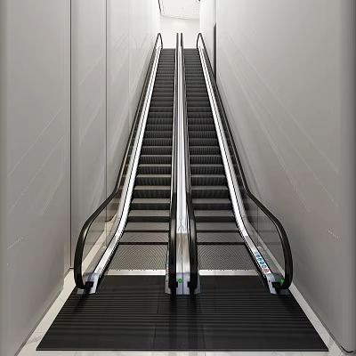 Modern Escalator with Black Treads Transparent Handrails and White Walls on Both Sides 3d model