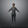 Woman in Blue Denim Shirt and Dark Jeans Standing with Open Arms on Gray Background