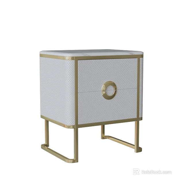 Elegant Modern Side Table With White Woven Cabinet Gold Frame And Round Handle 3d model 