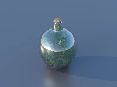 Transparent Spherical Glass Bottle With Cork Stopper And Green Plants For Home Decor 3d model