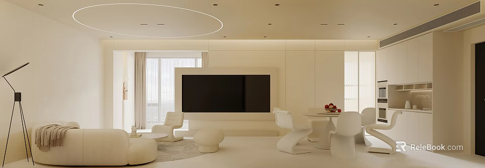 Modern White Living Dining Room Interior With TV Wall Sofa Dining Table And Chairs 3d model 