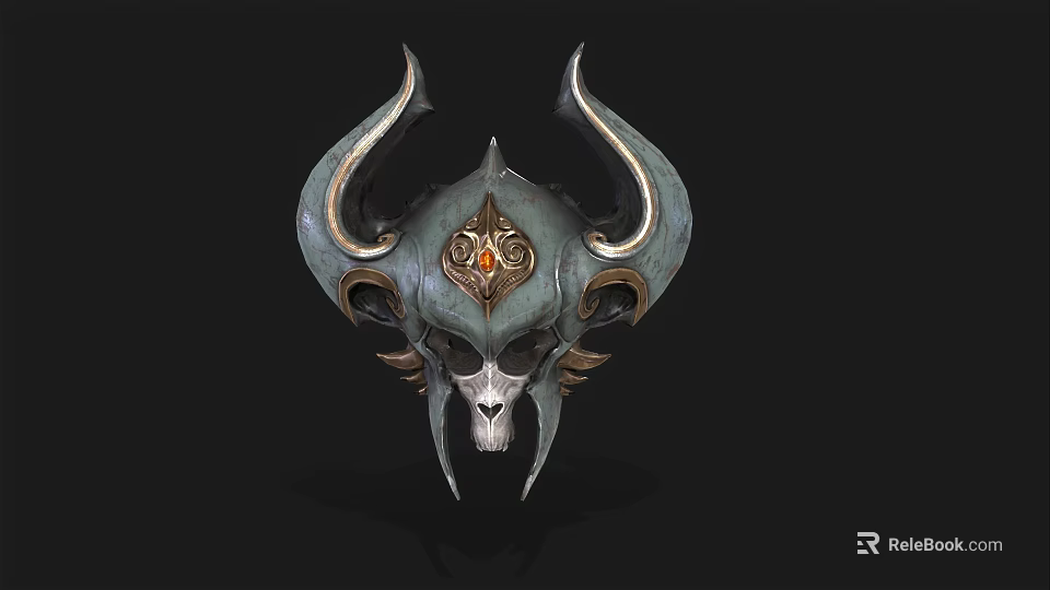 Ornate Metallic Helmet With Curved Horns Skull Design And Red Gem Accent 3d model 