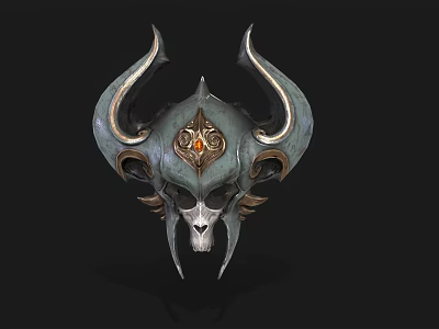 Ornate Metallic Helmet With Curved Horns Skull Design And Red Gem Accent 3d model