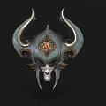 Ornate Metallic Helmet With Curved Horns Skull Design And Red Gem Accent