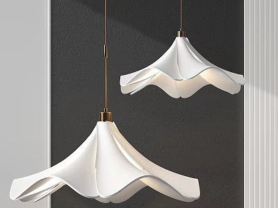 White Petal Shaped Pendant Lights With Brass Accents On Dark Wall Background 3d model