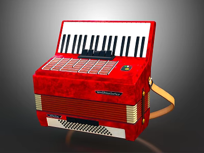 Red Accordion Musical Instrument With Black White Keys And Shoulder Strap 3d model