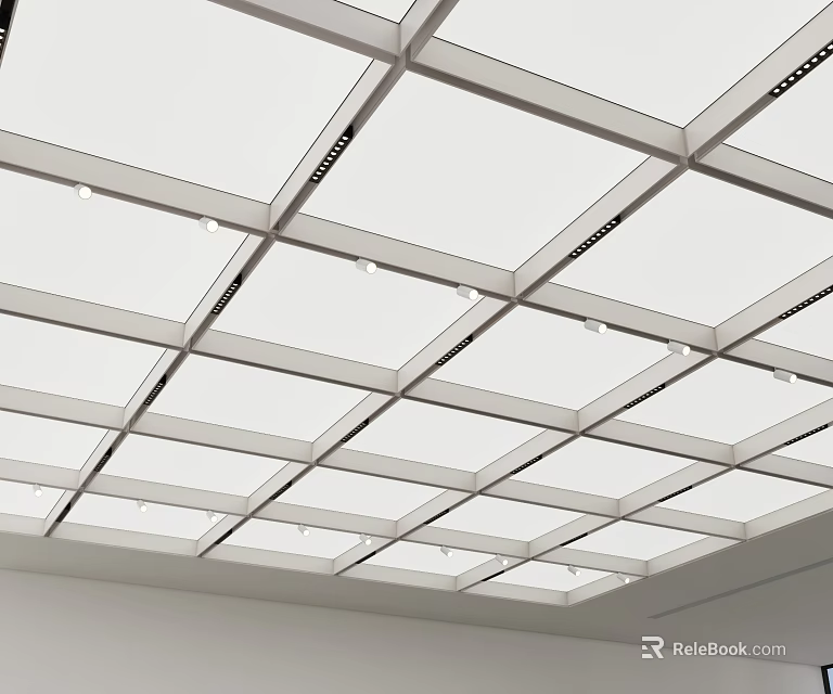Modern Grid Ceiling Design With White Panels Metal Frames And Recessed Lighting 3d model