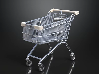Silver Metal Shopping Cart With White Handles Four Wheels On Black Background 3d model