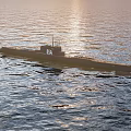 Vintage Military Submarine Floating On Open Ocean Surface With Hull Number