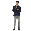 A Man In Navy Blazer Light Gray Pants Gesturing With Hands Against Light Purple Background