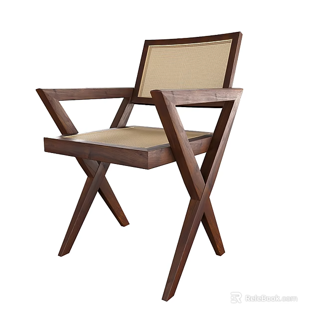 Wooden Frame Leisure Chair With Woven Backrest Crossed Legs And Padded Seat Design 3d model 