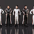 Five Men In Race Suits Standing With Hands On Hips Black Background