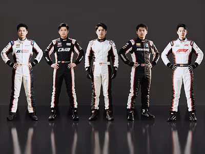 Five Men In Race Suits Standing With Hands On Hips Black Background 3d model