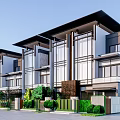 Modern Townhouse Exterior Design With Large Glass Windows And Greenery Landscaping