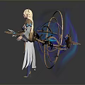 Woman Wearing Blue And Gold Outfit Holding Weapon With Purple Aura And Golden Ring
