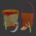 Leather Drum Shaped Case And Handbag With Decorative Ivory Like Ornaments