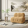 Modern Elegant Beige Velvet Armchair With Round Rug Floor Lamp And Tropical Wall Art