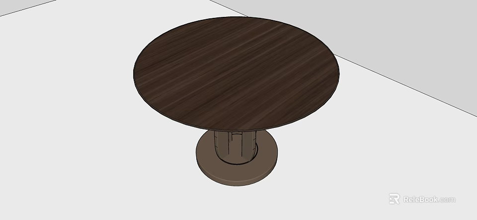 Round Dark Wooden Dining Table With Cylindrical Base And Smooth Surface 3d model