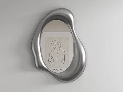 Silver Irregular Shaped Mirror With Central Line Drawing Of Two People On Light Wall 3d model