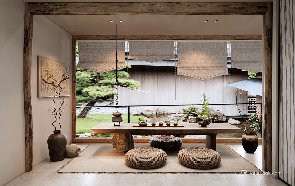 Traditional Tea Room Interior With Wooden Table Woven Cushions Clay Vases And Garden Greenery 3d model 